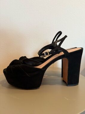 SCHUTZ Thalyta Black Suede Leather Knotted Platform Block Heels 9.5 Ankle Strap